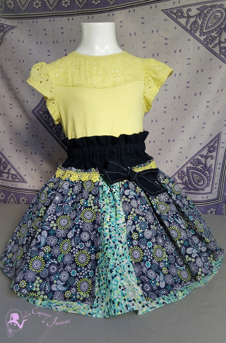 Ruffled girl skirt with neon turquoise blue elastic waist with floral and mandala motifs from 2 years to 8 years old