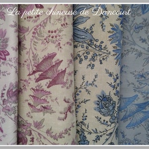 May include: A collection of six fabric swatches featuring a floral pattern with a light background and a variety of colours, including pink, blue, and grey. The text "La petite chinoise de Dancourt" is printed at the top of the image.