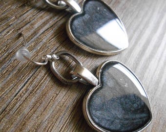 Dangling silver earrings in ebony black heart cabochon Valentine's Day earrings