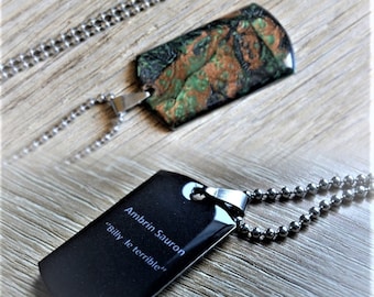 Cadena de placa militar personalizada, collar de hombre verde marrón colgante de soldado cazador militar, grabado de texto acero inoxidable