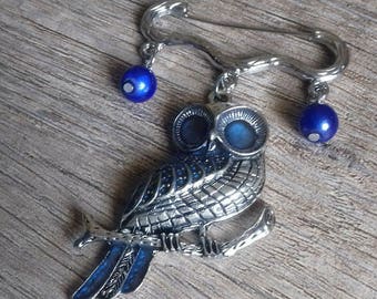 Blue owl silver brooch Blue brooch Silver brooch