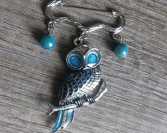 Turquoise blue owl silver brooch Blue brooch Silver brooch