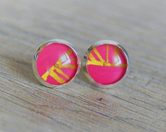 Rose gold earrings Chip cuff earrings Hot pink stud earrings Small minimalist geometric earrings