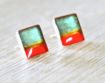Red gold green earrings Square stud cuff earrings 12 mm
