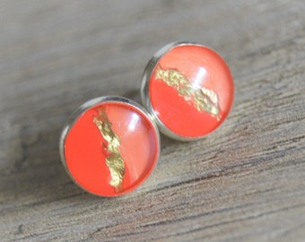 Orange salmon pink gold earrings, Orange and gold round small cufflinks, Orange and salmon pink and gold silver earrings