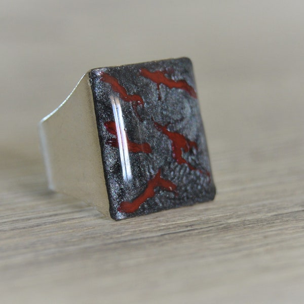 Bague chevalière noir rouge Bague argent rectangle noir rouge onyx marbré Bague argent unisexe Grande bague argent rouge noir