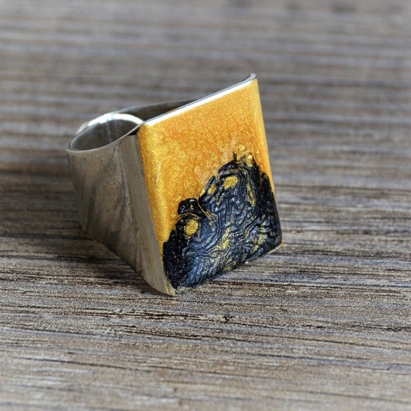 Bague chevalière noir jaune Bague argent noir jaune Bague rectangle jaune noir Bague argent unisexe Grande bague homme femme noir jaune