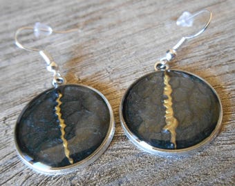 Drop earrings in silver cabochon round onyx and gold