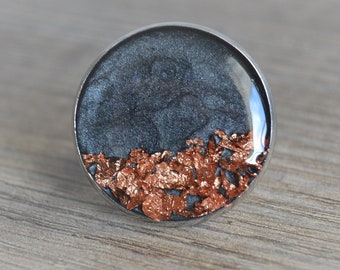 Black ring Black silver ring and copper leaves Black round ring onyx copper Large ring Large black ring onyx silver copper Adjustable ring