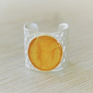 Adjustable large hammered silver yellow jade cuff ring