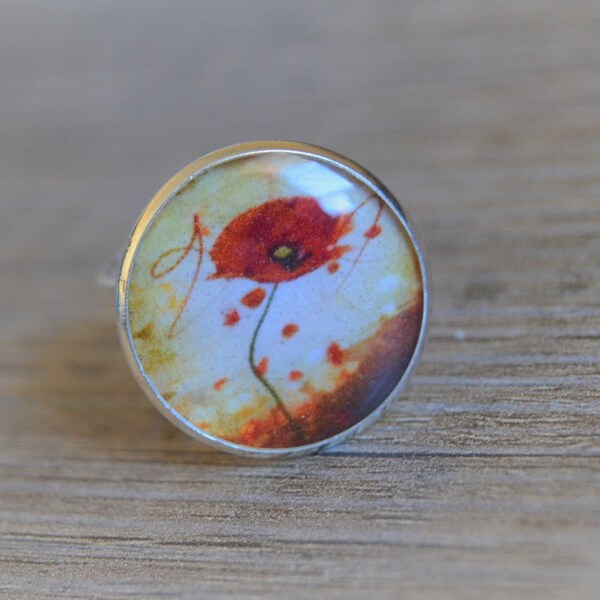 Bague coquelicot Bague argent Bague ronde Bague rouge noir beige Bague ajustable Bague fleur