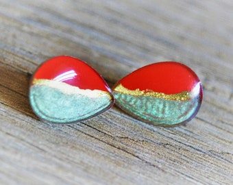 Earrings drops red green gold Earrings cuffs chips silver Small earrings red green gold silver