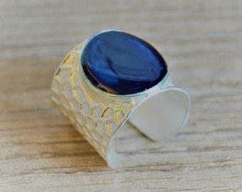 Large hammered ring Blue ring Blue silver ring Adjustable ring Open ring Ring topped blue ring Royal blue ring