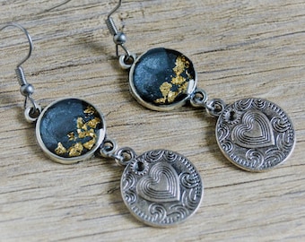 Heart earrings Black heart pendant earrings Black silver pendant earrings Valentine's earrings