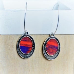 Blue red earrings Red blue silver earrings Through earrings Long oval minimalist earrings