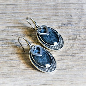Silver Black Heart Earrings Small Minimalist Oval Dangle Earrings Love Friendship Valentine&#39;s Day