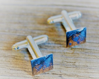 Blue brown cufflinks Stainless steel cufflinks Square cufflinks Small men's cufflinks