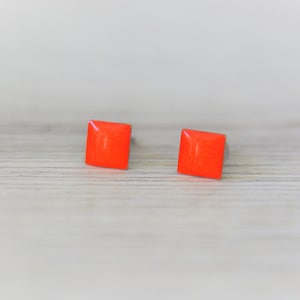 Neon orange earrings Silver earrings cuffs square studs Small orange earrings