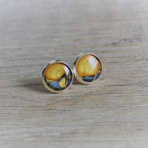 Yellow black earrings Silver earrings with cuff studs Small round black yellow earrings Stud earrings