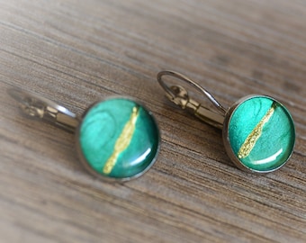 Green gold earrings, Green and gold silver earrings, Green and gold silver round earrings, Green dangle earrings