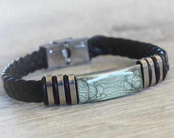 Bracelet homme cuir tressé noir Bracelet gris pierre de lune Bracelet homme acier inoxydable