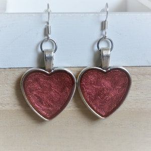 Heart earrings Cherry red earrings Silver dark red heart earrings Dark red earrings