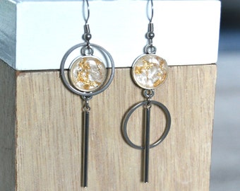 Asymmetrical white and gold earrings, geometric stainless steel earrings