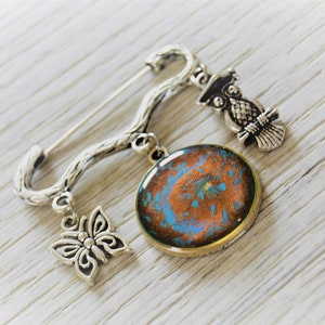 Antique silver brooch charms charms pendants butterfly owl brooch brown blue turquoise