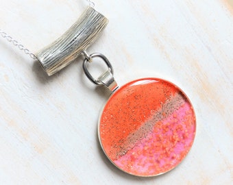 Pink orange long necklace Long chain silver chain pendant orange pink opal necklace Round bib necklace salmon pink orange Glitter necklace