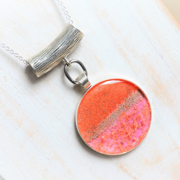 Pink orange long necklace Long chain silver chain pendant orange pink opal necklace Round bib necklace salmon pink orange Glitter necklace