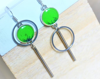 Neon green royal blue geometric asymmetrical earrings Geometric stud hoop earrings