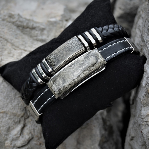 Bracelets homme noir gris Ensemble de 2 Bracelets à empiler Bracelet cuir tressé noir Bracelet noir surpiqué Bracelet homme acier inoxydable