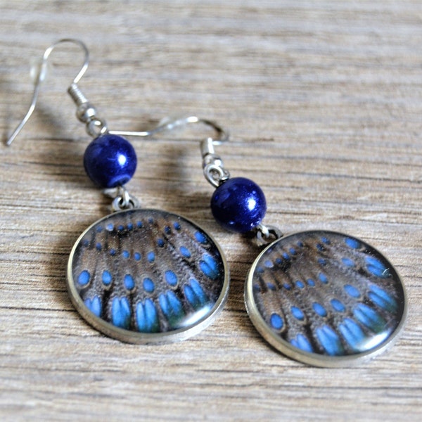 Boucles d'oreilles bleu marine plumes pendantes rondes argent perle bleu foncé