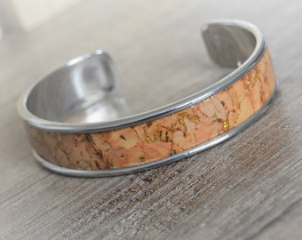 Cork cuff bracelet Wide open slave cuff bracelet natural wood silver bangle