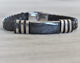 Men's black leather bracelet Braided bracelet Men's black onyx bracelet Stainless steel bracelet