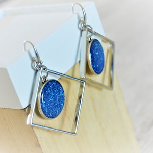Blue sequined hoop earrings Navy blue sequined geometric diamond drop earrings