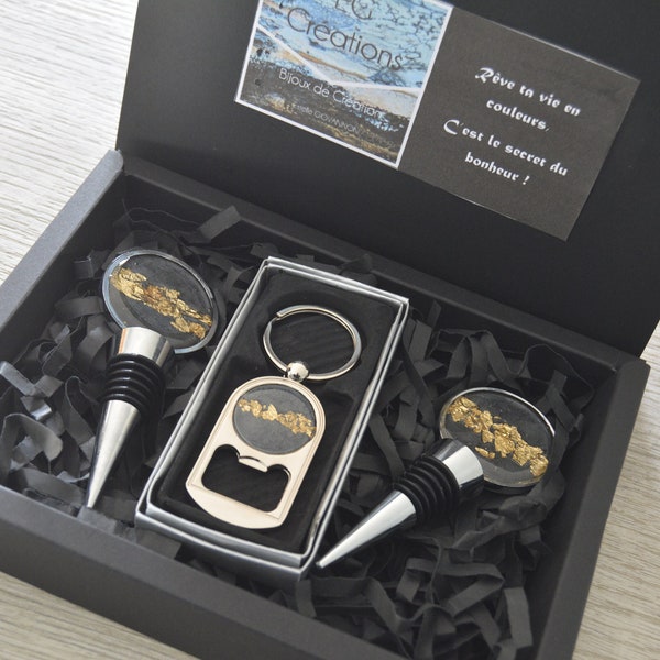 Coffret cadeau homme amateur de vin et bières Bouchons de bouteilles réutilisables décapsuleur porte clé noir feuilles or acier inoxydable