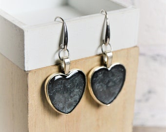 Heart earrings Black heart pendant earrings Black silver pendant earrings Valentine's earrings