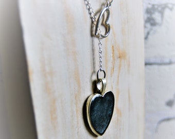 Silver black heart lasso necklace Sliding chain necklace Silver heart pendant Y necklace double heart pendant valentine silver black