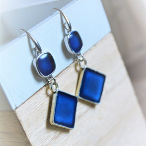 Royal blue earrings Blue silver earrings Dangling earrings Geometric earrings Square earrings