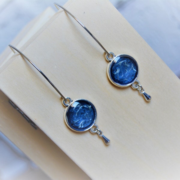 Blue marbled silver earrings Blue silver earrings Blue through earrings Dark blue earrings