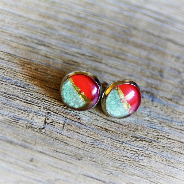 Earrings pink red green gold Small round cufflinks pink red gold green silver earrings chips