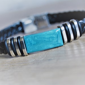 Turquoiseblauwe herenarmband Heren leren armband Heren gevlochten armband Heren zwarte turquoise leren armband Heren roestvrijstalen armband