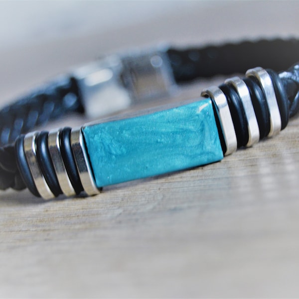 Turkoois blauwe herenarmband Leren herenarmband Gevlochten herenarmband Heren zwart turquoise leren armband Heren roestvrijstalen armband