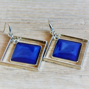 Royal blue earrings Hoop earrings Silver earrings Geometric earrings Blue square earrings