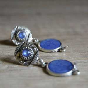 Small, minimalist, semi-dangle blue earrings in antique silver