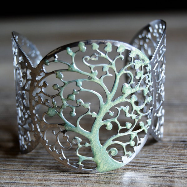 Bracelet arbre de vie argent vert Bracelet manchette large ajouré