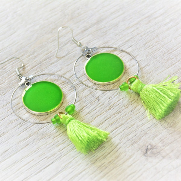 Boucles d'oreilles créoles vert fluo Boucles d'oreilles pompon vert bohèmes