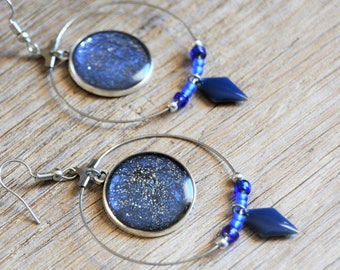 Blue silver creole earrings Blue glitter creole earrings Blue sequin earrings Blue glitter earrings