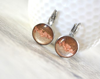 Brown gold copper sleeper earrings Small minimalist autumn dangling earrings